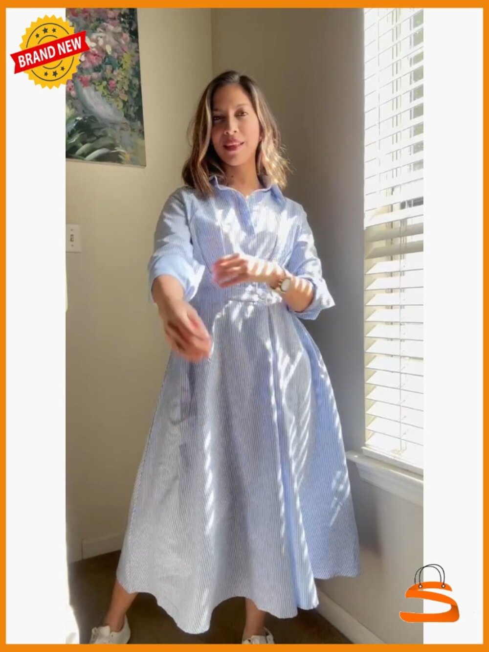 Elegant Striped Shirt Midi Dress Button Down Long Sleeve A-Line Wedding Guest - Picture 7 of 7